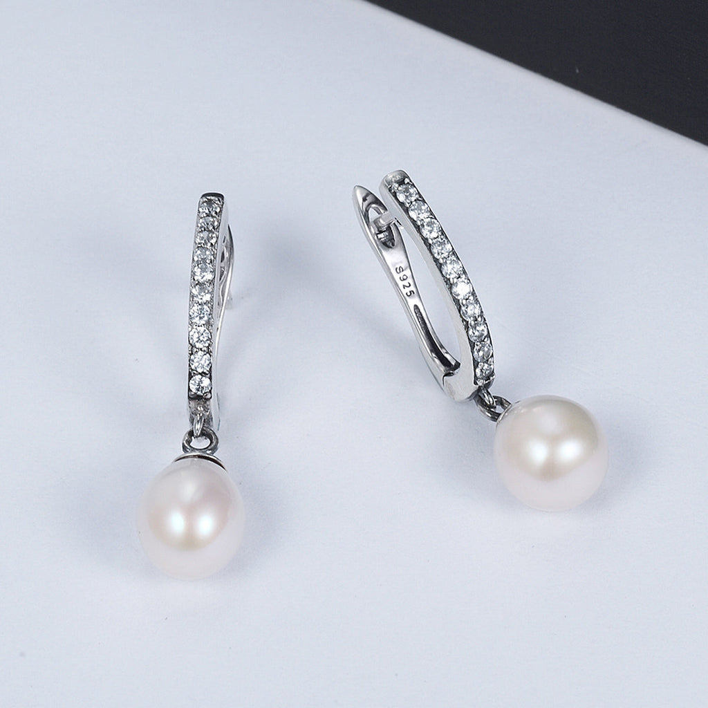 925 Sterling Silver Freshwater Pearl Earrings with Pavé Setting CZ for Women