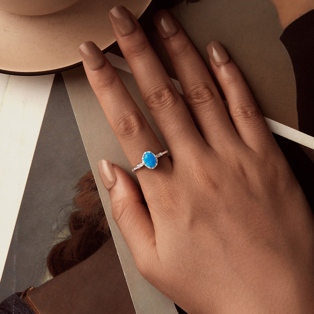 925 Sterling Silver Opal Rings in Size 6.0 with Pave Setting & Plated White Gold for Women