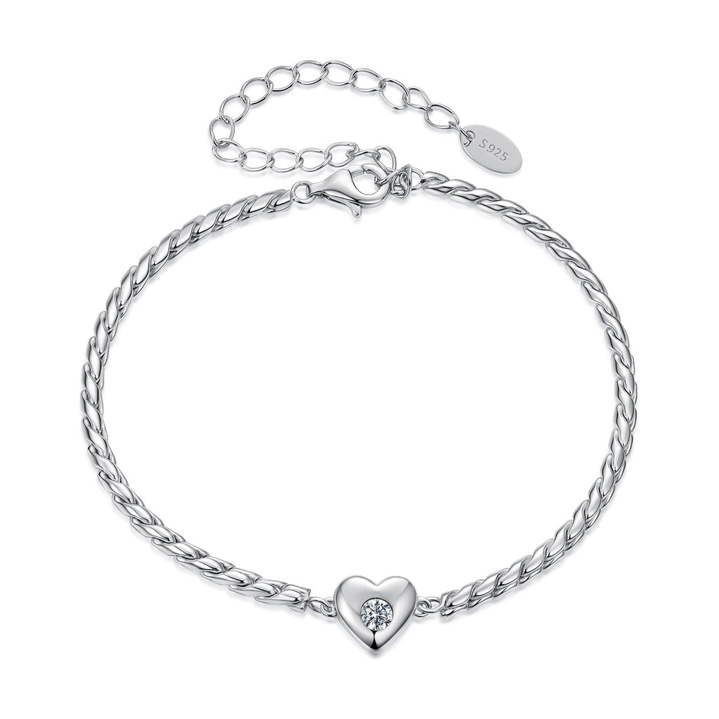 925 Sterling Silver Moissanite Heart Bracelet for Women - Silver - 15+6cm Length, 0.3cm Thickness
