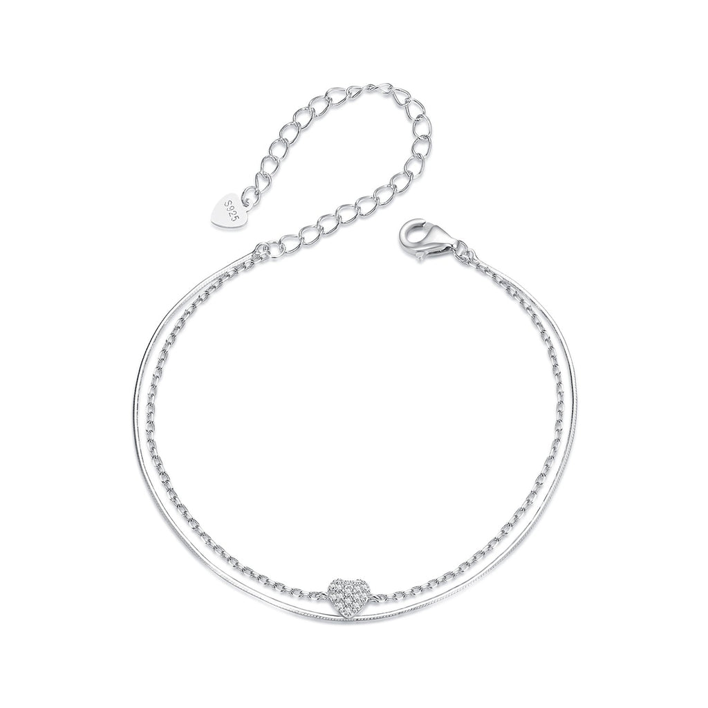925 Sterling Silver White Gold Plated Heart-Shaped Bracelet with CZ, Length 150+60mm