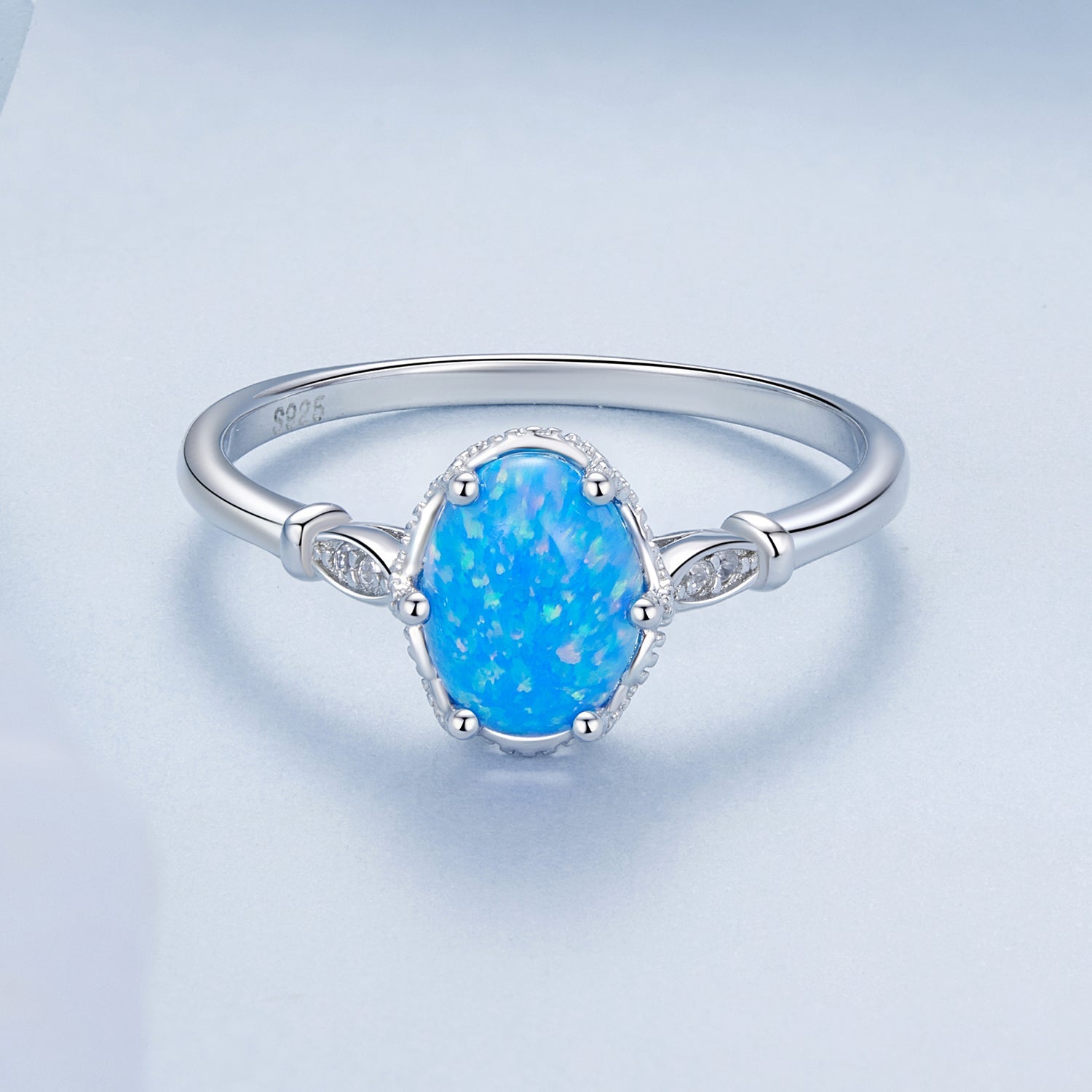 925 Sterling Silver Opal Rings in Size 6.0 with Pave Setting & Plated White Gold for Women
