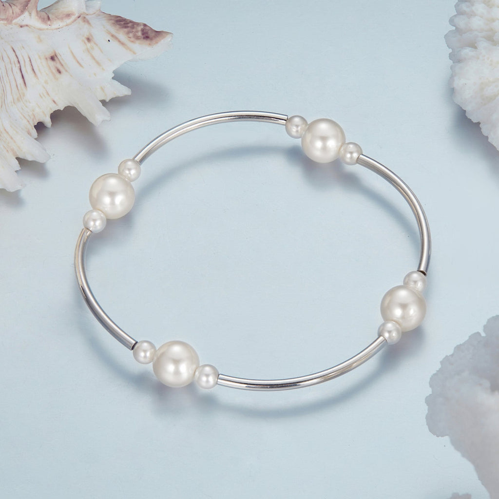 925 Sterling Silver Shell Pearl Stretchable Bracelet for Women