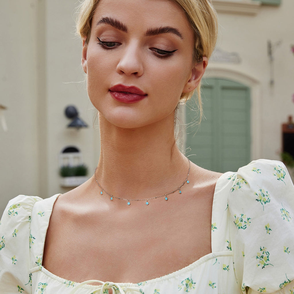 925 Sterling Silver Necklace with Synthetic Turquoise in White Gold, Adjustable 450mm for Women