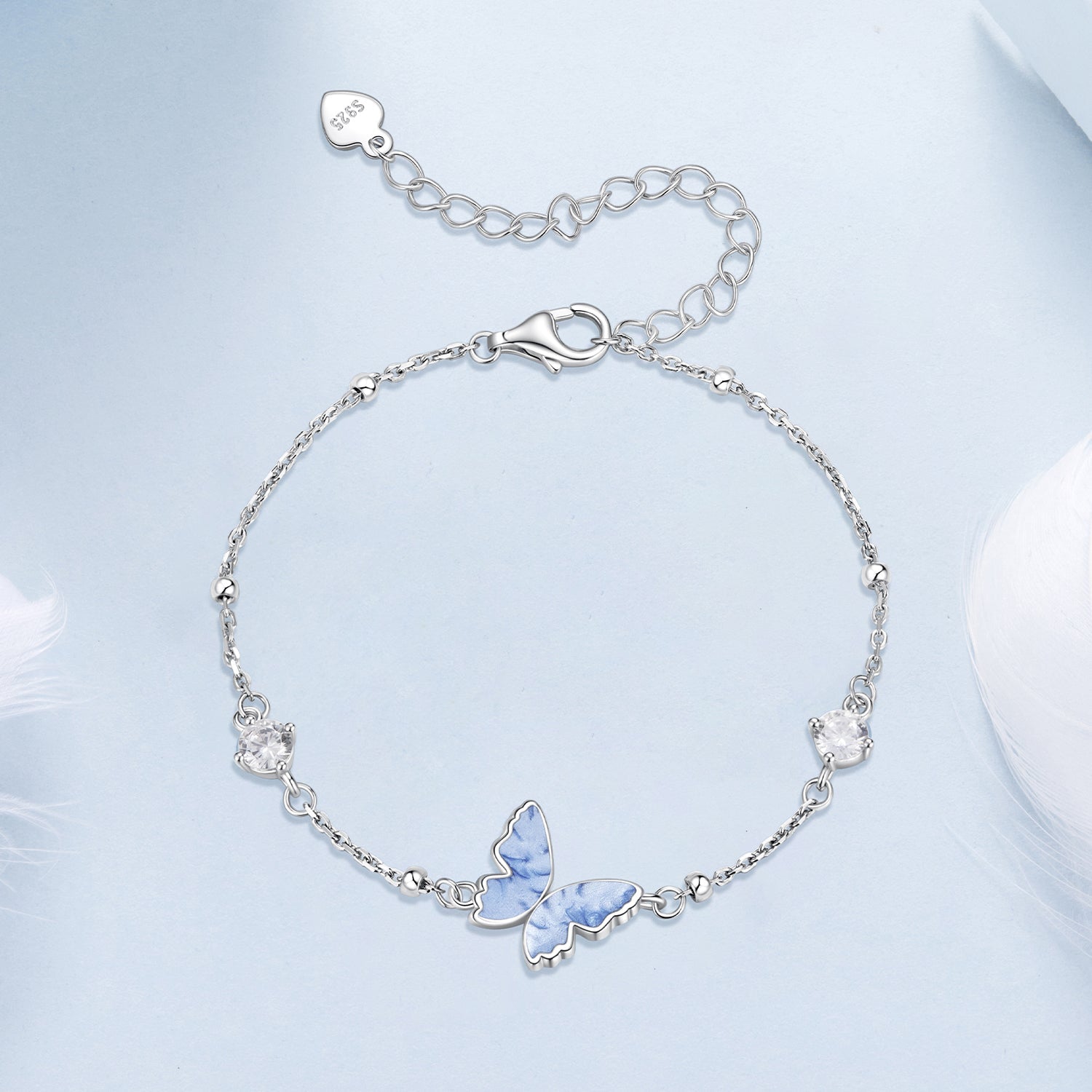 925 Sterling Silver White Gold Plated Bracelet with Enamel and CZ - 15+6cm Length