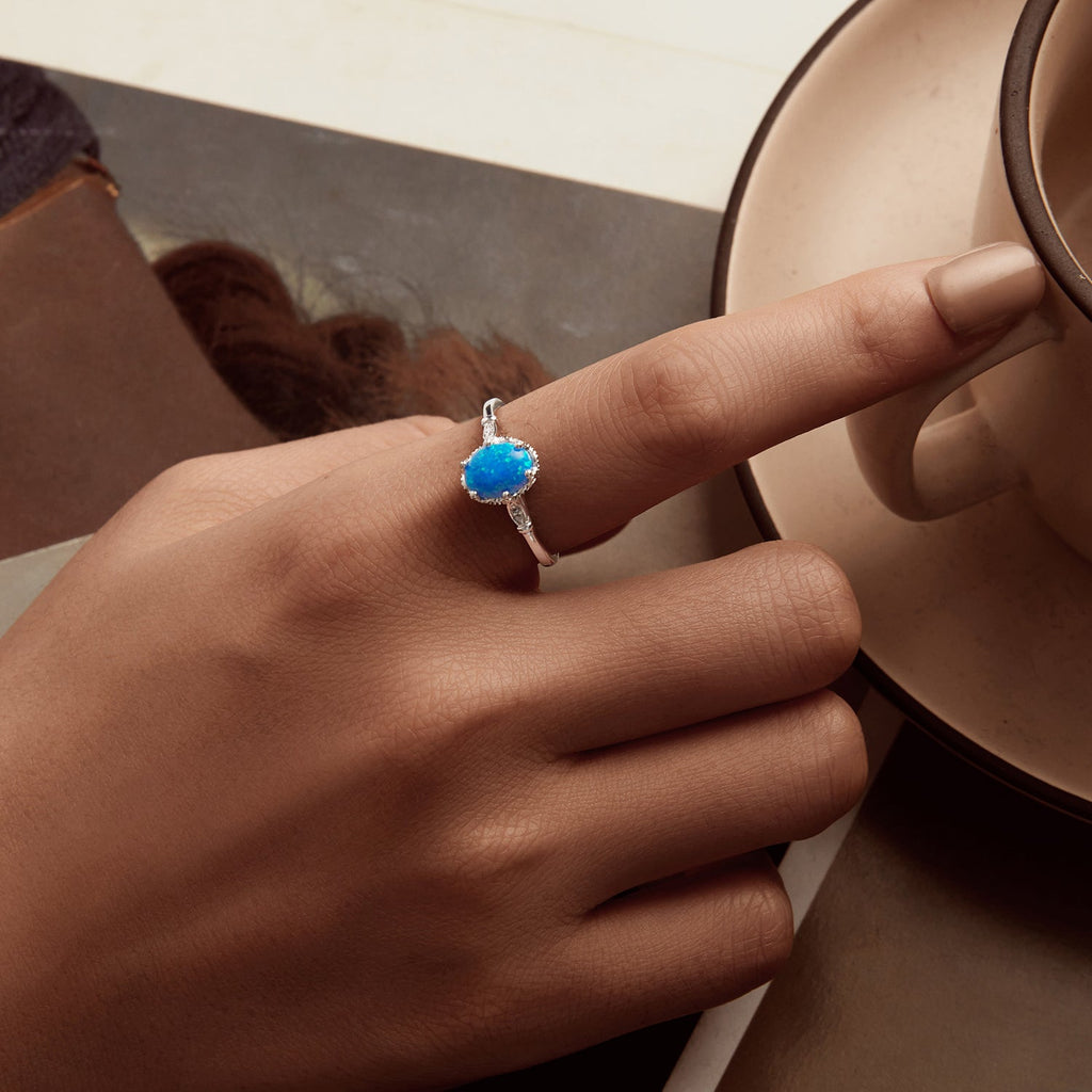 925 Sterling Silver Opal Rings in Size 6.0 with Pave Setting & Plated White Gold for Women