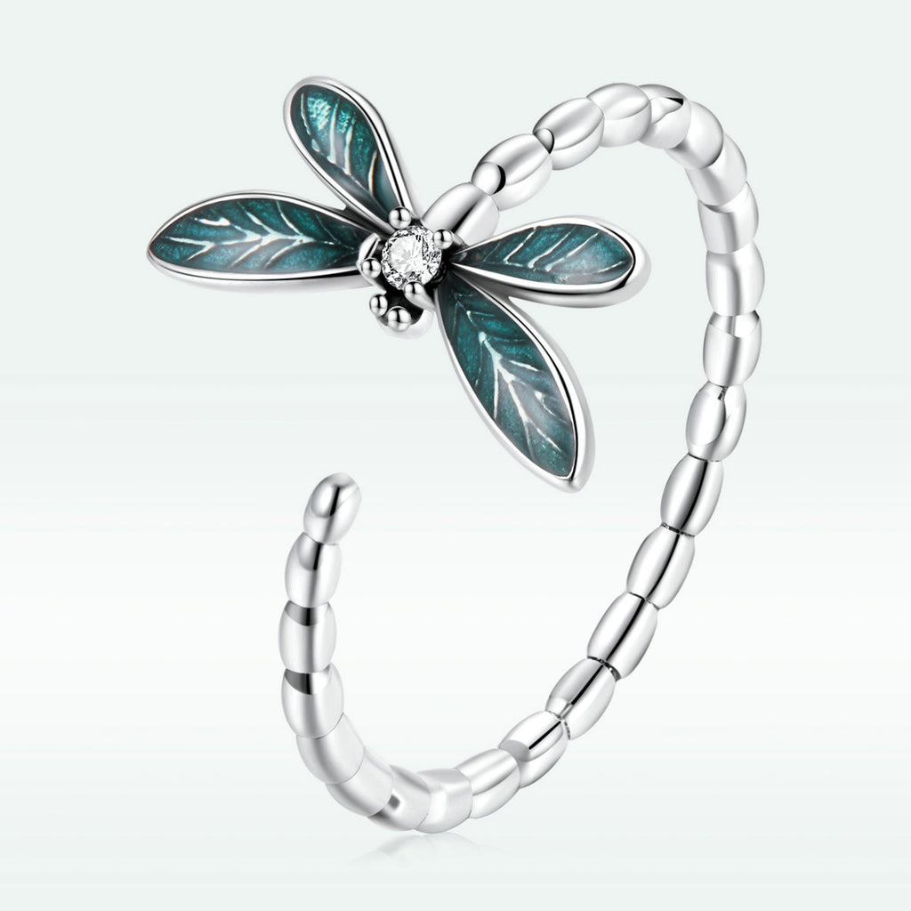 925 Sterling Silver Dragonfly Ring with Enamel & CZ for Women