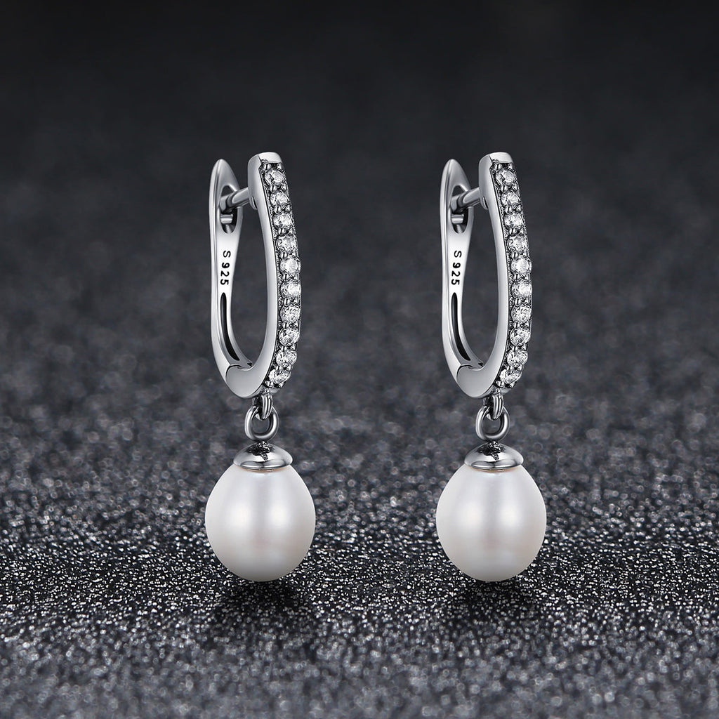 925 Sterling Silver Freshwater Pearl Earrings with Pavé Setting CZ for Women