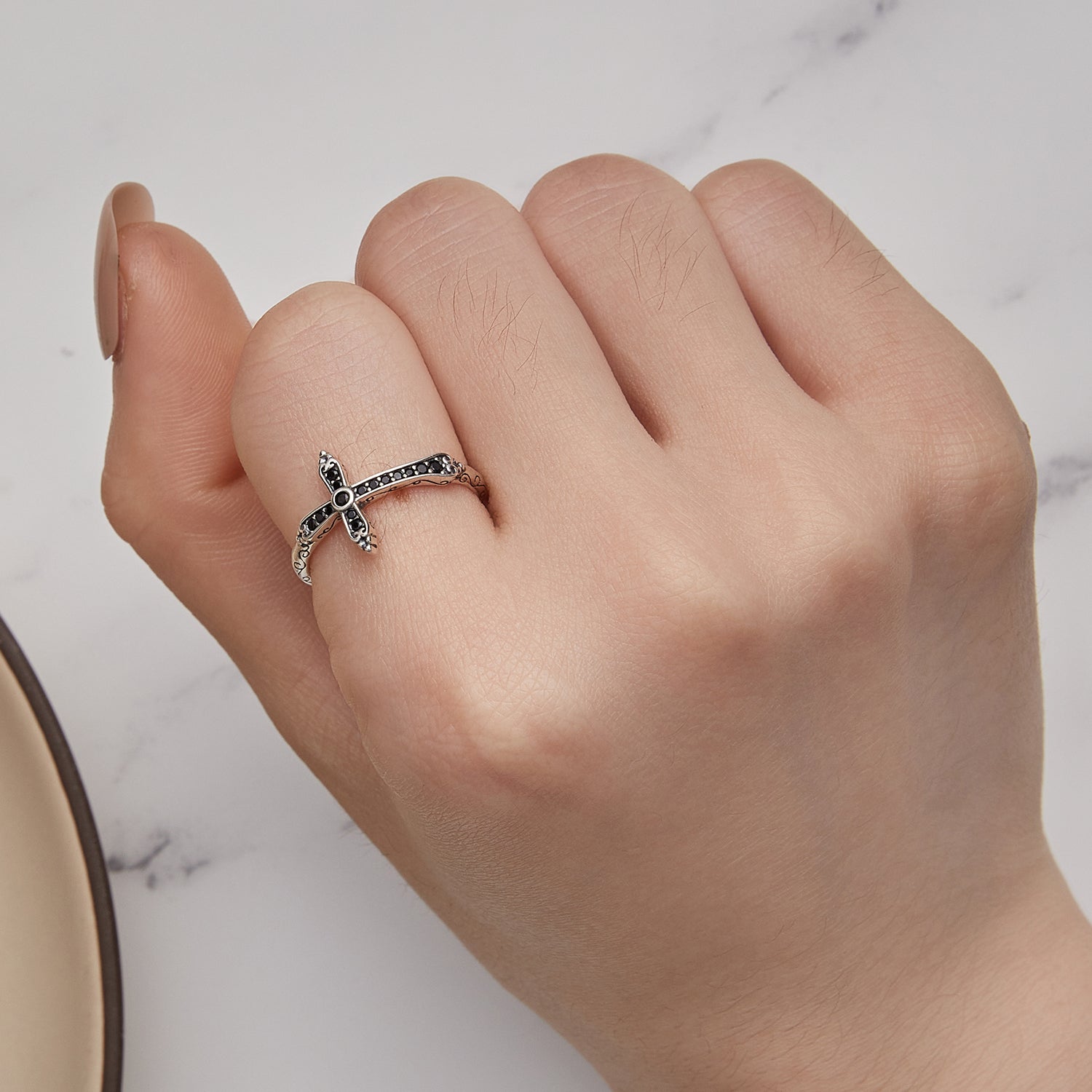 925 Sterling Silver Oxidized Ring with Pavé Setting CZ, Size 6.0 for Women
