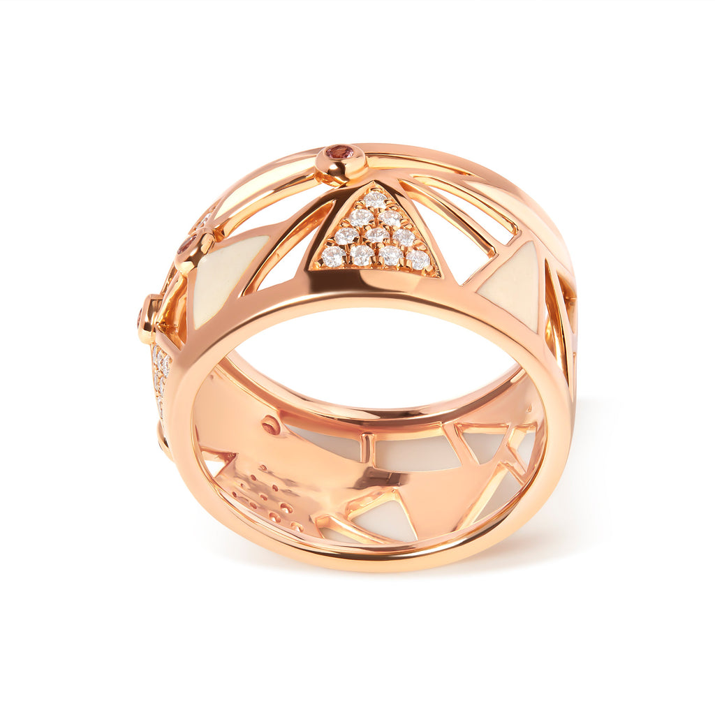 14K Rose Gold 1/3 Cttw Diamond and Pink Tourmaline Cigar Band Ring with White Enamel (G-H Color, SI1-SI2 Clarity)
