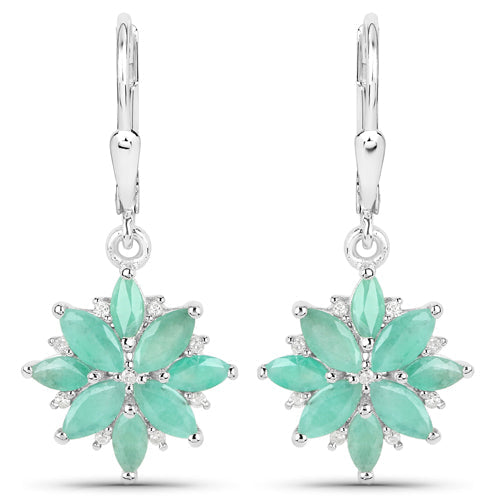 2.92 Carat Genuine Emerald and White Diamond .925 Sterling Silver Earrings
