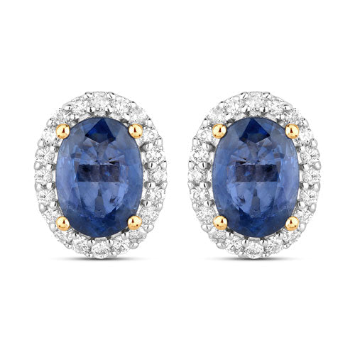 2.16 Carat Genuine Blue Sapphire and White Diamond 14K Yellow Gold Earrings