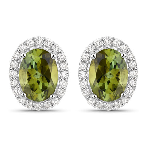 1.92 Carat Genuine Green Tourmaline and White Diamond 14K White Gold Earrings