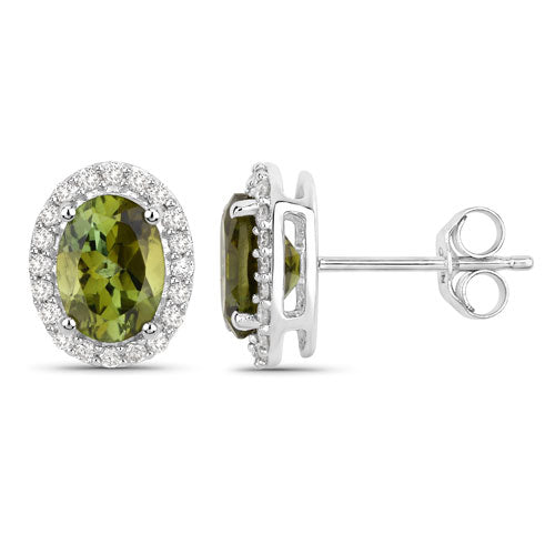 1.92 Carat Genuine Green Tourmaline and White Diamond 14K White Gold Earrings