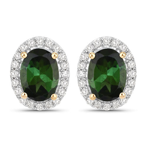 1.92 Carat Genuine Green Tourmaline and White Diamond 14K Yellow Gold Earrings