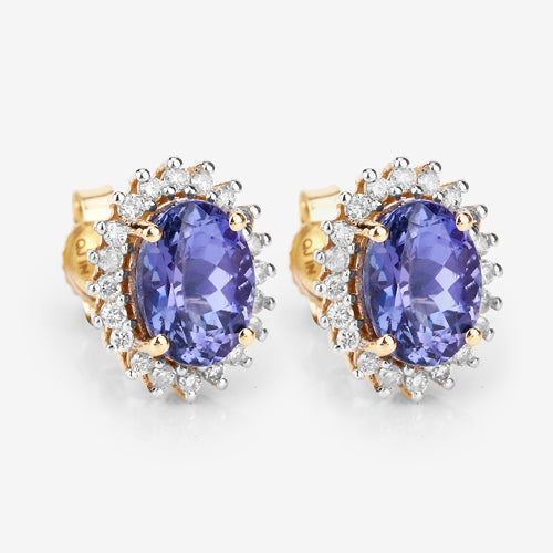 1.71 Carat Genuine Tanzanite and White Diamond 14K Yellow Gold Earrings