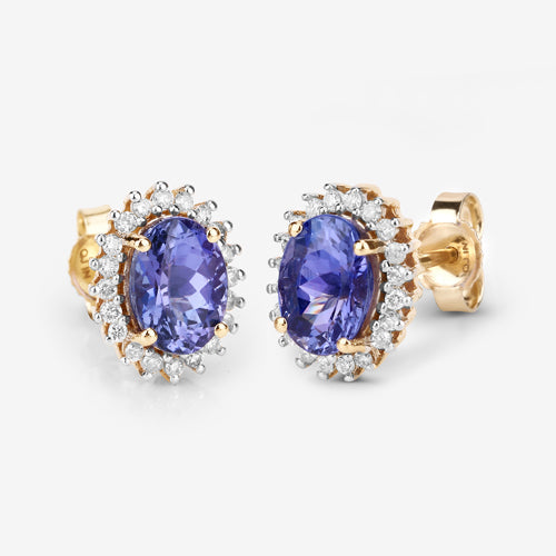 1.71 Carat Genuine Tanzanite and White Diamond 14K Yellow Gold Earrings