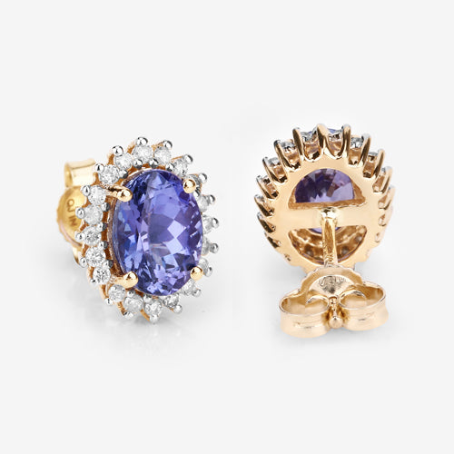 1.71 Carat Genuine Tanzanite and White Diamond 14K Yellow Gold Earrings
