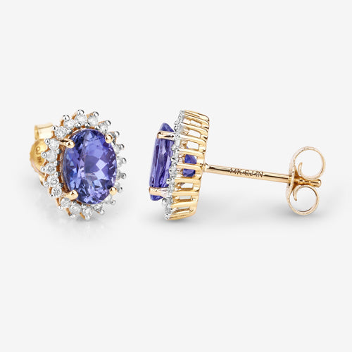 1.71 Carat Genuine Tanzanite and White Diamond 14K Yellow Gold Earrings