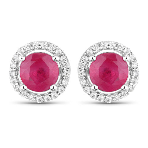 1.22 Carat Genuine Ruby and White Diamond 14K White Gold Earrings