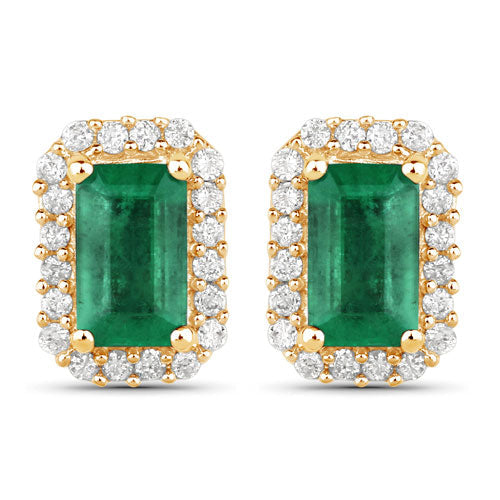0.91 Carat Genuine Zambian Emerald and White Diamond 14K Yellow Gold Earrings