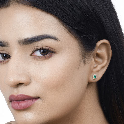 0.91 Carat Genuine Zambian Emerald and White Diamond 14K Yellow Gold Earrings