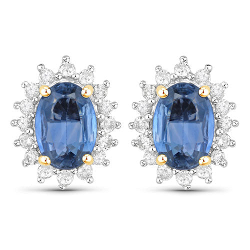 2.22 Carat Genuine Blue Sapphire and White Diamond 14K Yellow Gold Earrings