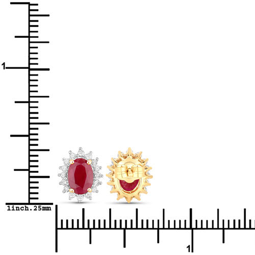 2.02 Carat Genuine Ruby and White Diamond 14K Yellow Gold Earrings