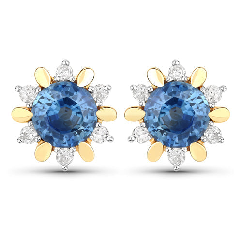 1.87 Carat Genuine Blue Sapphire and White Diamond 14K Yellow Gold Earrings