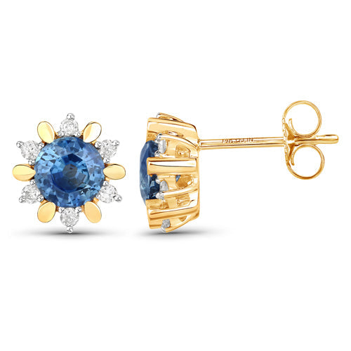 1.87 Carat Genuine Blue Sapphire and White Diamond 14K Yellow Gold Earrings