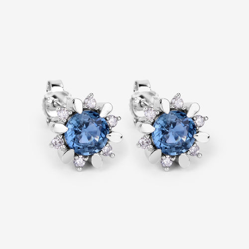 1.87 Carat Genuine Blue Sapphire and White Diamond 14K White Gold Earrings