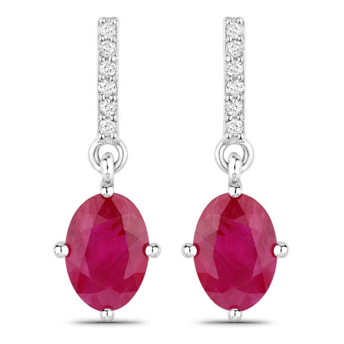 1.75 Carat Genuine Ruby and White Diamond 14K White Gold Earrings