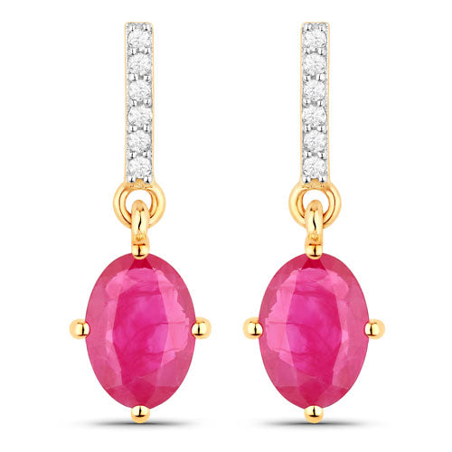 1.75 Carat Genuine Ruby and White Diamond 14K Yellow Gold Earrings