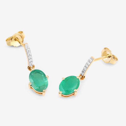 1.49 Carat Genuine Zambian Emerald and White Diamond 10K Yellow Gold Earrings