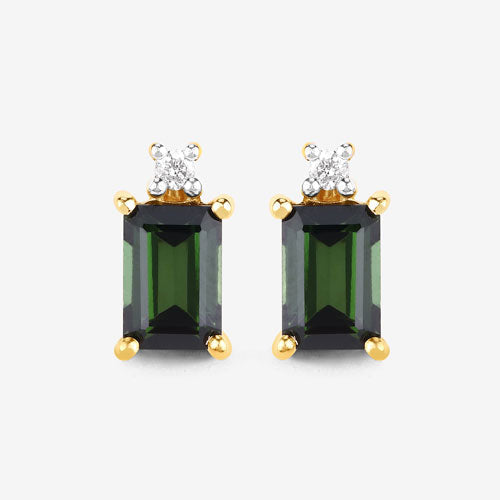 1.24 Carat Genuine Green Tourmaline and White Diamond 14K Yellow Gold Earrings