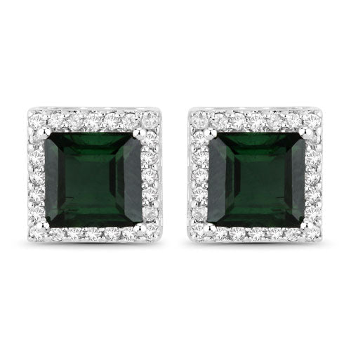 1.55 Carat Genuine Green Tourmaline and White Diamond 14K White Gold Earrings