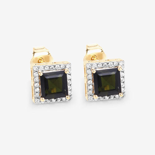 1.55 Carat Genuine Green Tourmaline and White Diamond 14K Yellow Gold Earrings