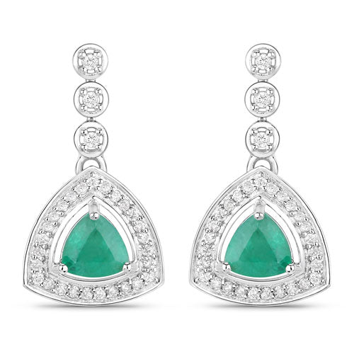 1.39 Carat Genuine Zambian Emerald and White Diamond 14K White Gold Earrings