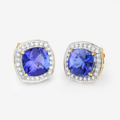 5.98 Carat Genuine Tanzanite and White Diamond 14K Yellow Gold Earrings