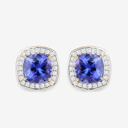 5.98 Carat Genuine Tanzanite and White Diamond 14K Yellow Gold Earrings