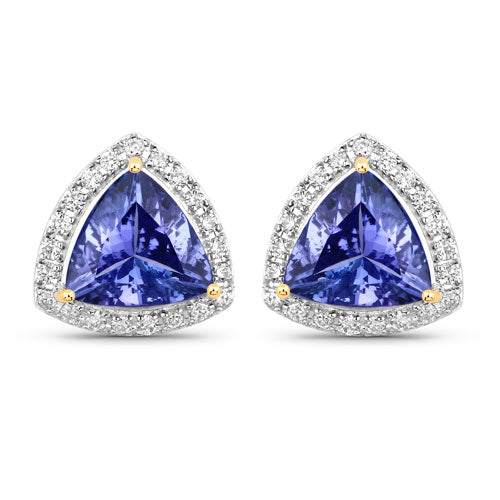 3.82 Carat Genuine Tanzanite and White Diamond 14K Yellow Gold Earrings