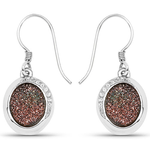 4.72 Carat Genuine Copper Bloom Drusy and White Topaz .925 Sterling Silver Earrings