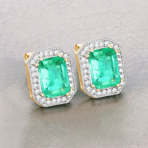 2.99 Carat Genuine Ethiopian Emerald and White Diamond 14K Yellow Gold Earrings