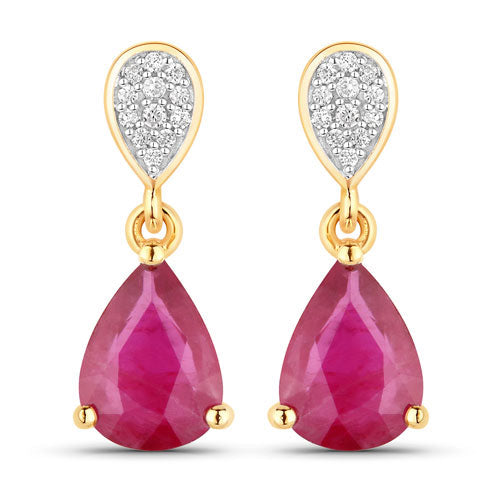 2.46 Carat Genuine Ruby and White Diamond 14K Yellow Gold Earrings