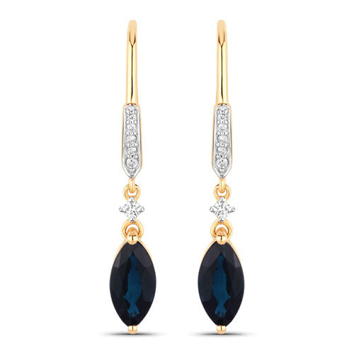 2.73 Carat Genuine Blue Sapphire and White Diamond 14K Yellow Gold Earrings