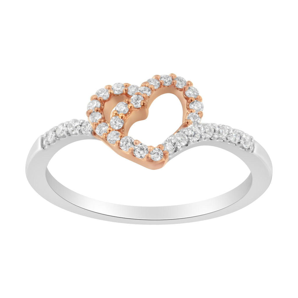 10K Rose Gold over .925 Sterling Silver 1/5 Cttw Diamond Two Tone Open Heart Promise or Fashion Ring (I-J Color, I2-I3 Clarity) - Size 6