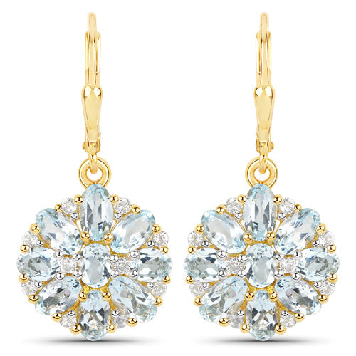 18K Yellow Gold Plated 4.58 Carat Genuine Blue Topaz and White Topaz .925 Sterling Silver Earrings