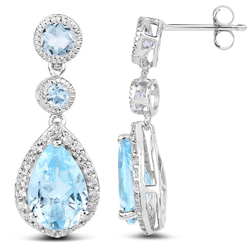 9.46 Carat Genuine Blue Topaz & White Topaz .925 Sterling Silver Earrings