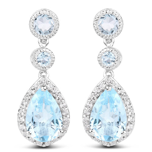 9.46 Carat Genuine Blue Topaz and White Topaz .925 Sterling Silver Earrings