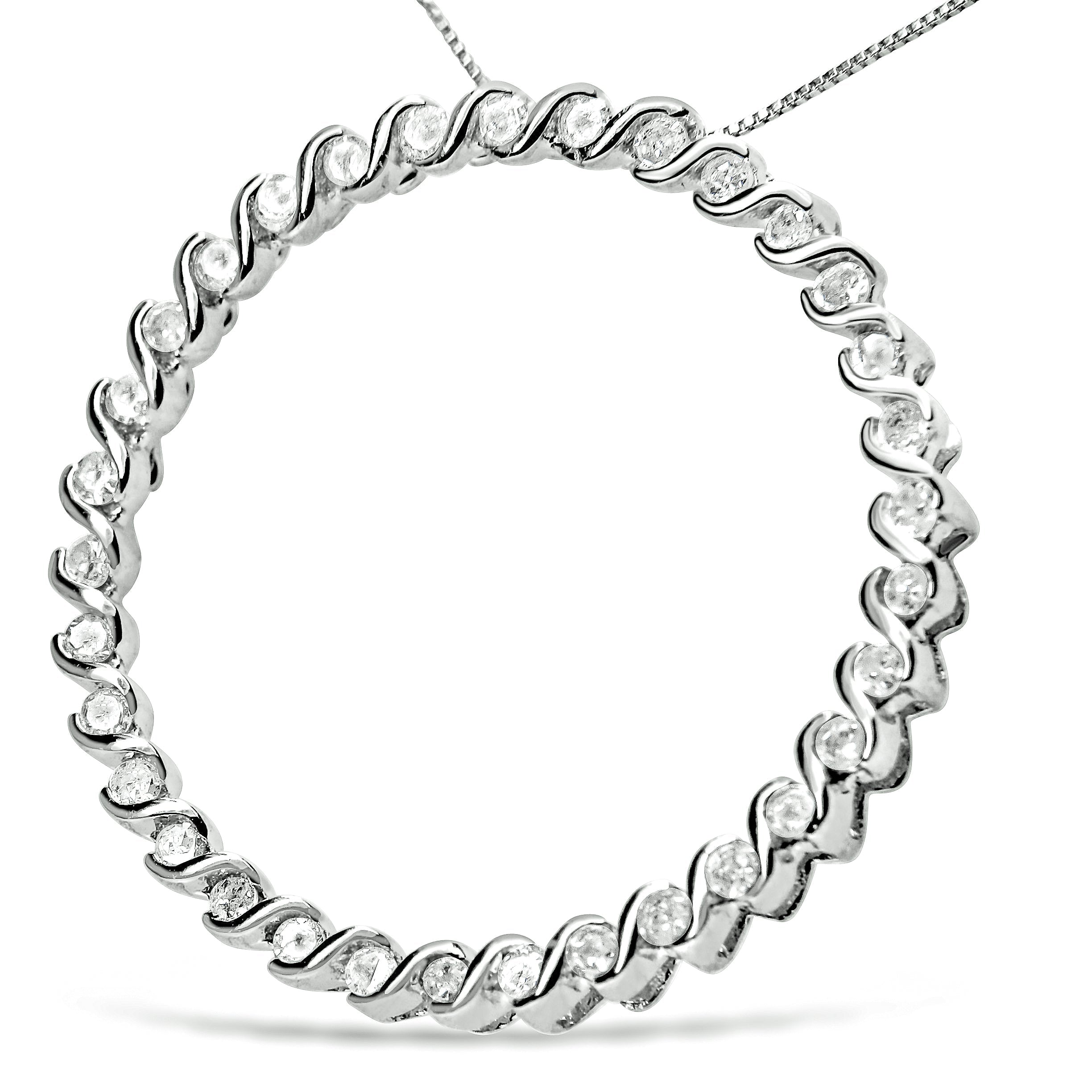 .925 Sterling Silver 3/4 Cttw Round Diamond Spiral Curved Circle Pendant 18" Necklace (I-J Color, I3 Clarity)