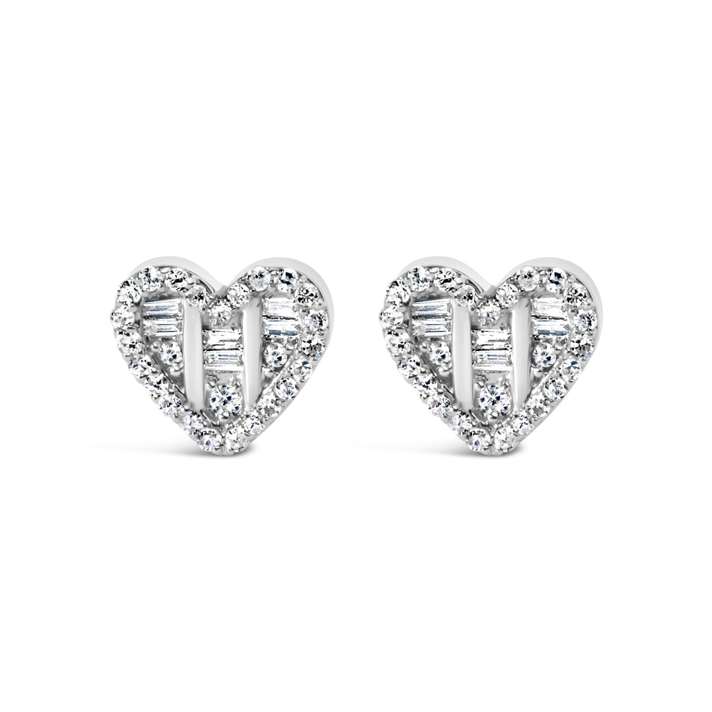 14K Yellow Gold Plated .925 Sterling Silver 1/2 Cttw Round and Baguette Diamond Composite Heart Shaped Stud Earring (I-J Color, SI2-I1 Clarity)